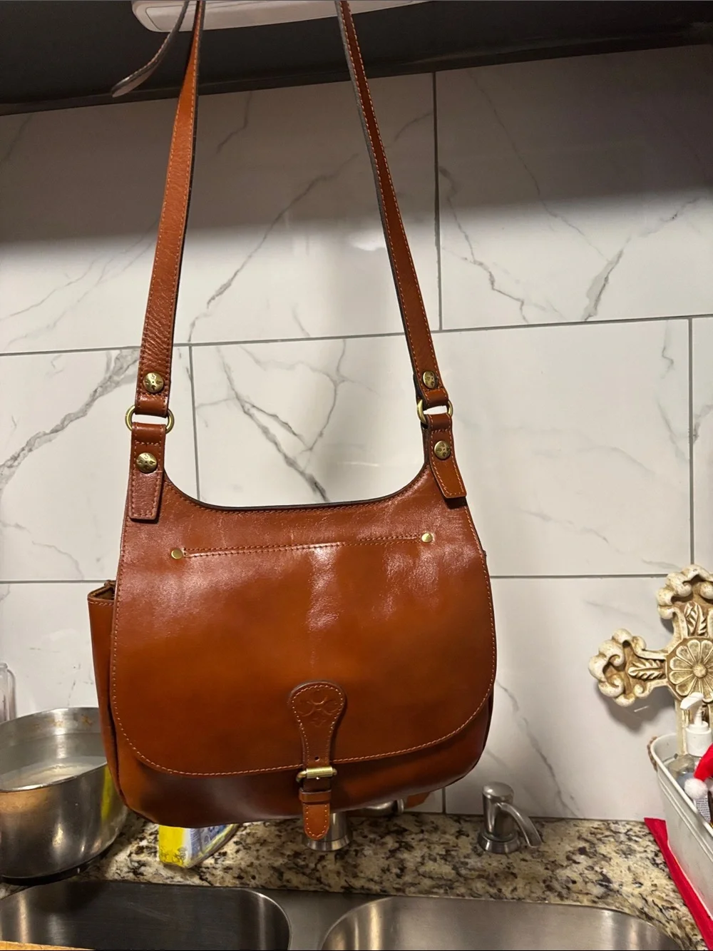 Patricia Nash Cog Brown Leather shoulder /crossbody Suede Interior bag- unisex